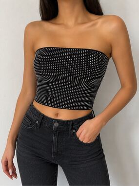 Windsor Rhinestone Tube Top Black Strapless Y2K Party Clubwear Size L